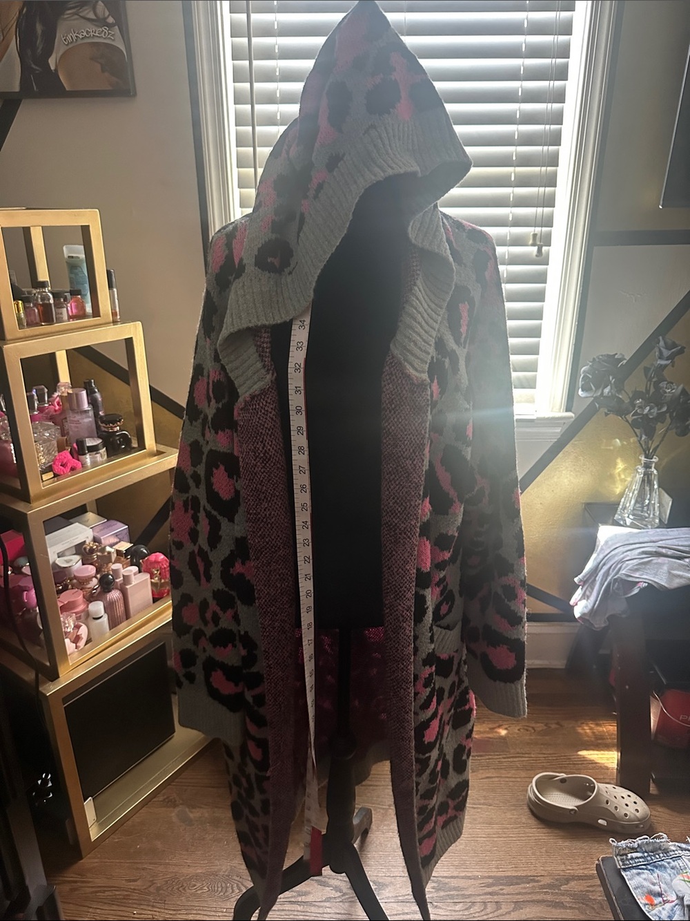Fashion Nova Hooded Open-Front Cardigan - Pink & Gray Leopard Print